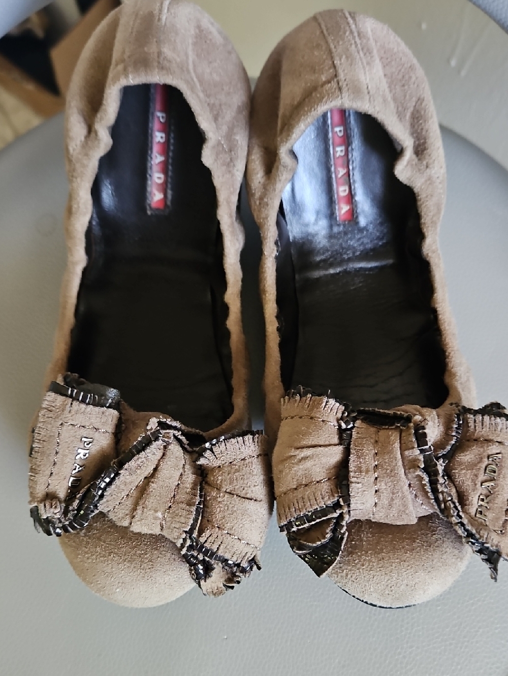 Prada Beige Suede Bow Ballet Flats